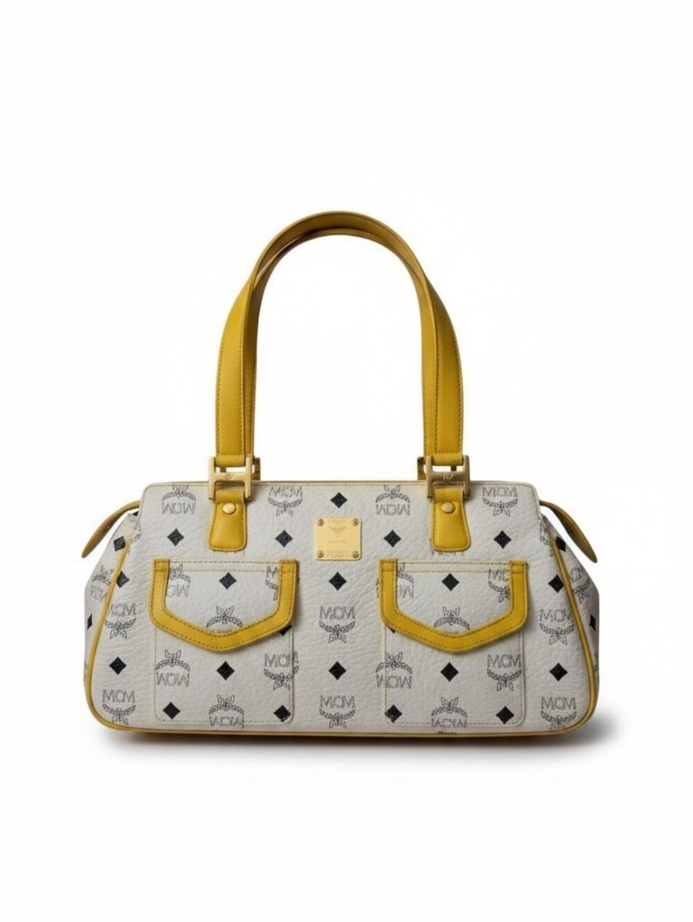 MCM White & Yellow Monogram Leather Shoulder Bag